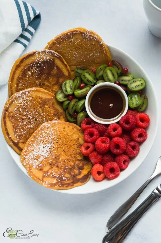 paleo pancakes with kiwi berries and raspberries