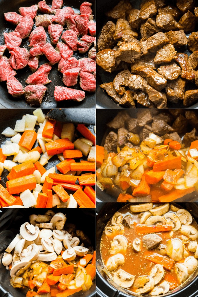 cooking process of beef barley stew in the slow cooker