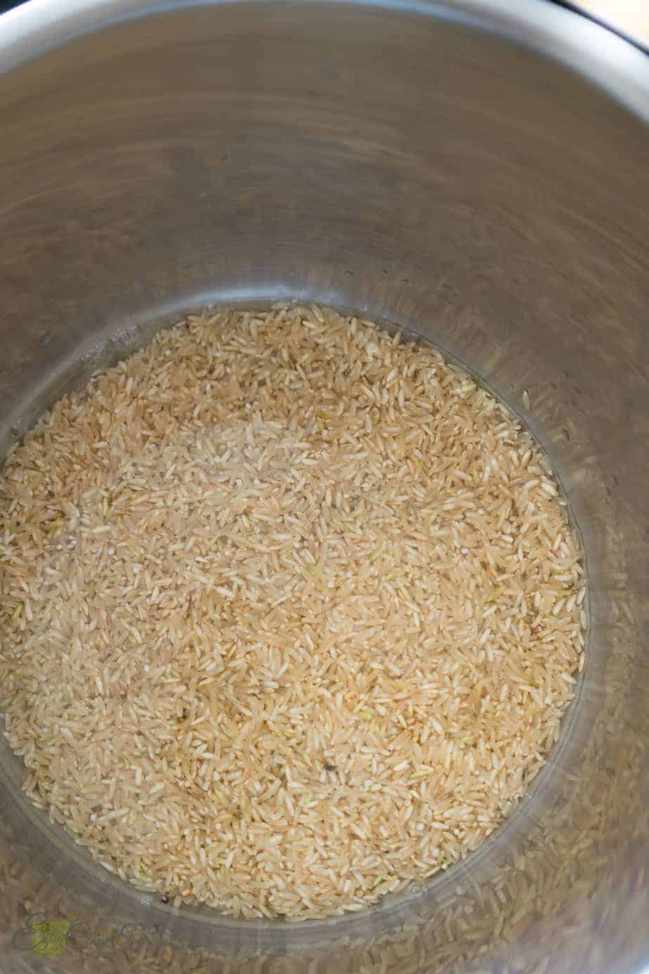 uncooked brown rice with water in the  pressure cooker