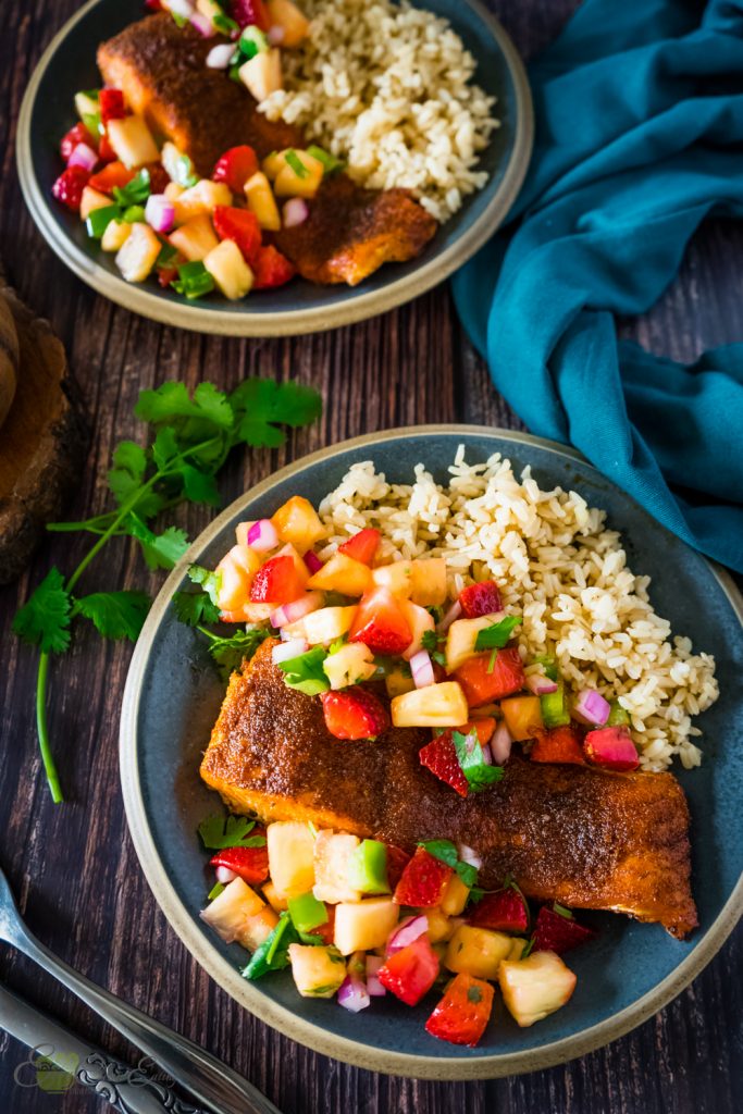 salmon air fryer served with instant pot brown rice, strawberry pineapple salsa.