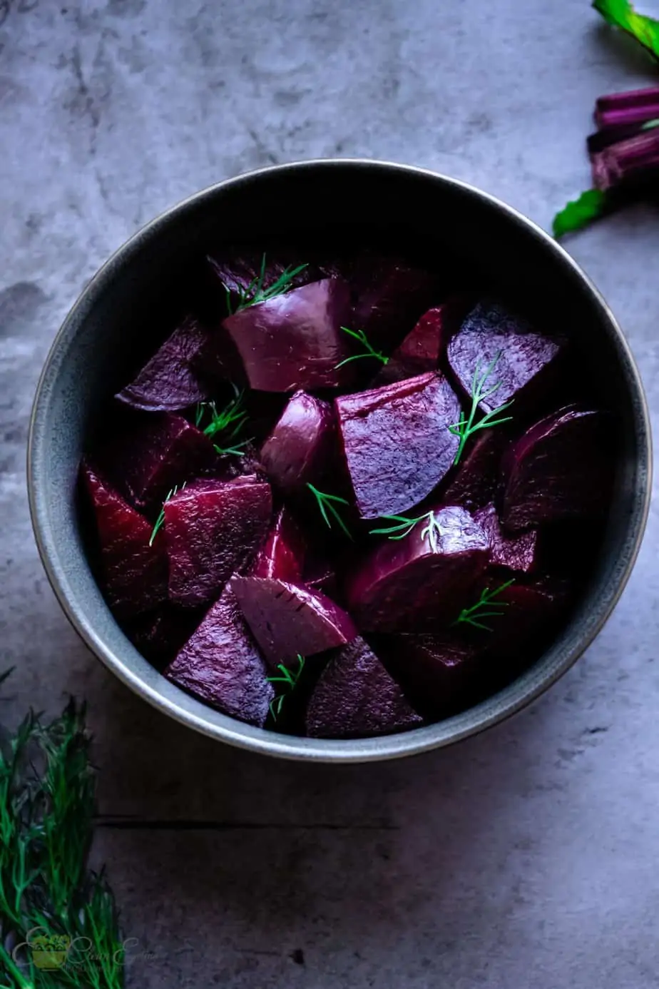 chopped pressure cooked beets in the instant pot with some dill sprinkle on top.