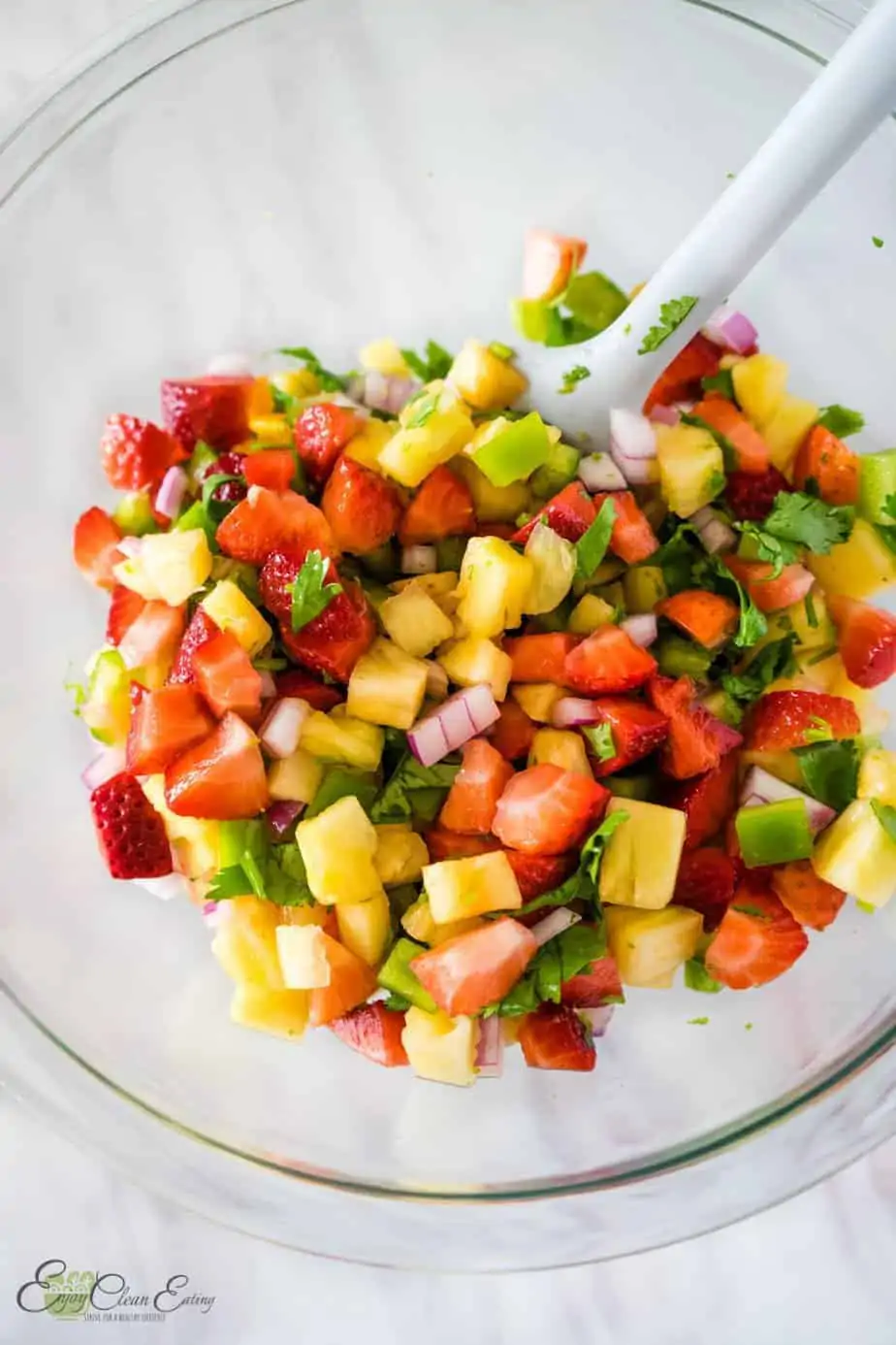 pineapple salsa in a mixing bowl