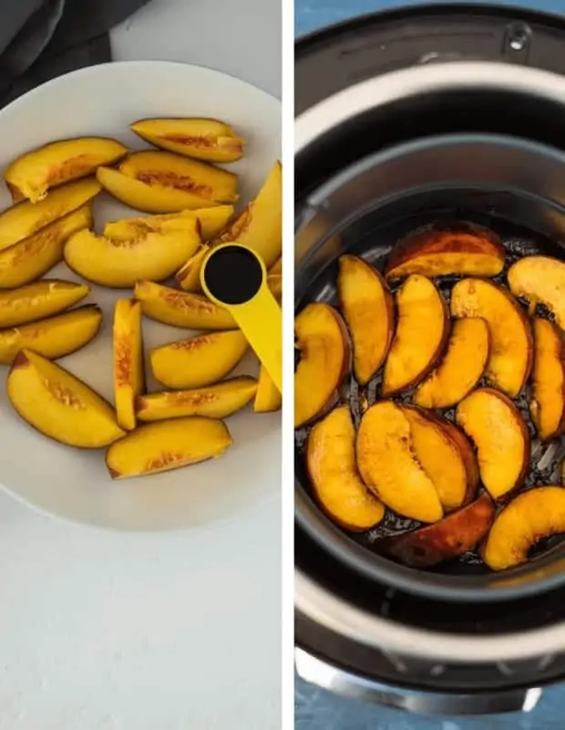 peaches with a teaspoon of balsamic vinegar, before cooking in a round plate and after cooking in the basket