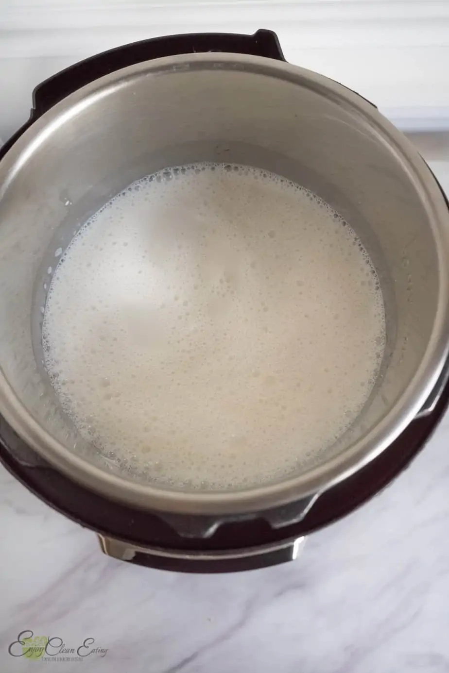 the first step to make cold start yogurt in the instant pot is to add the organic milk and the yogurt starter and whisk until combine, and some foams are normal.