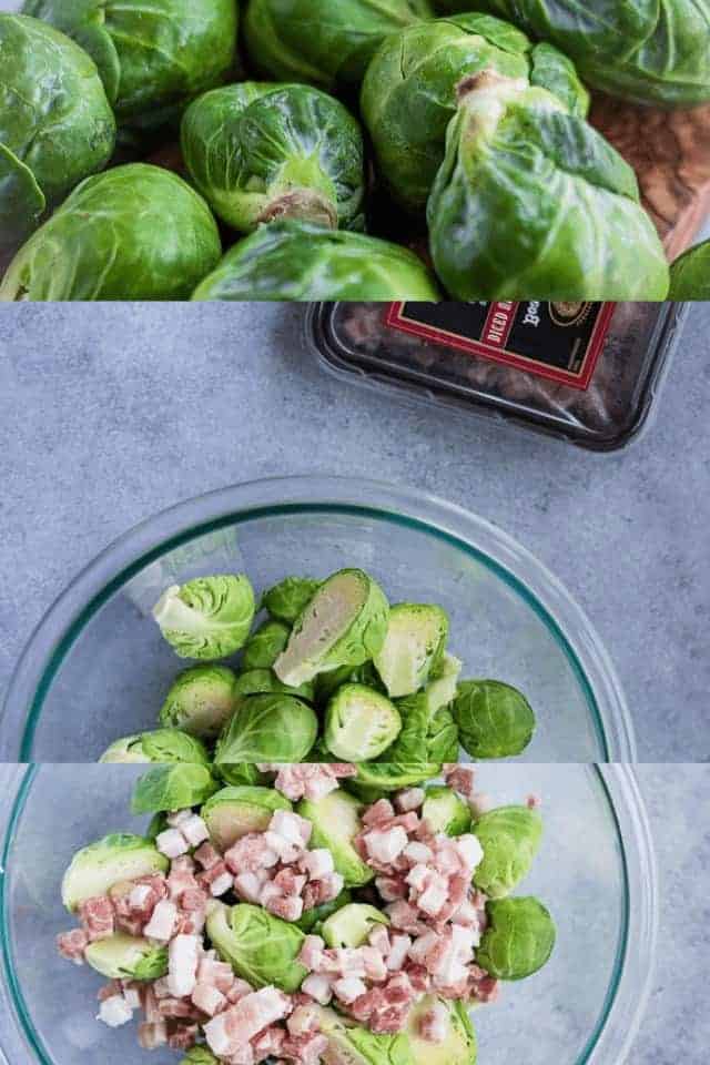fresh sprouts, whole sprouts, cut in half sprouts with diced pancetta before air frying
