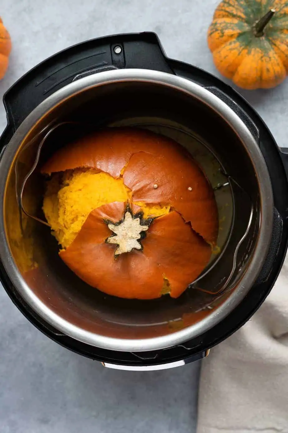 After pressure cooking the pumpkin to make puree.