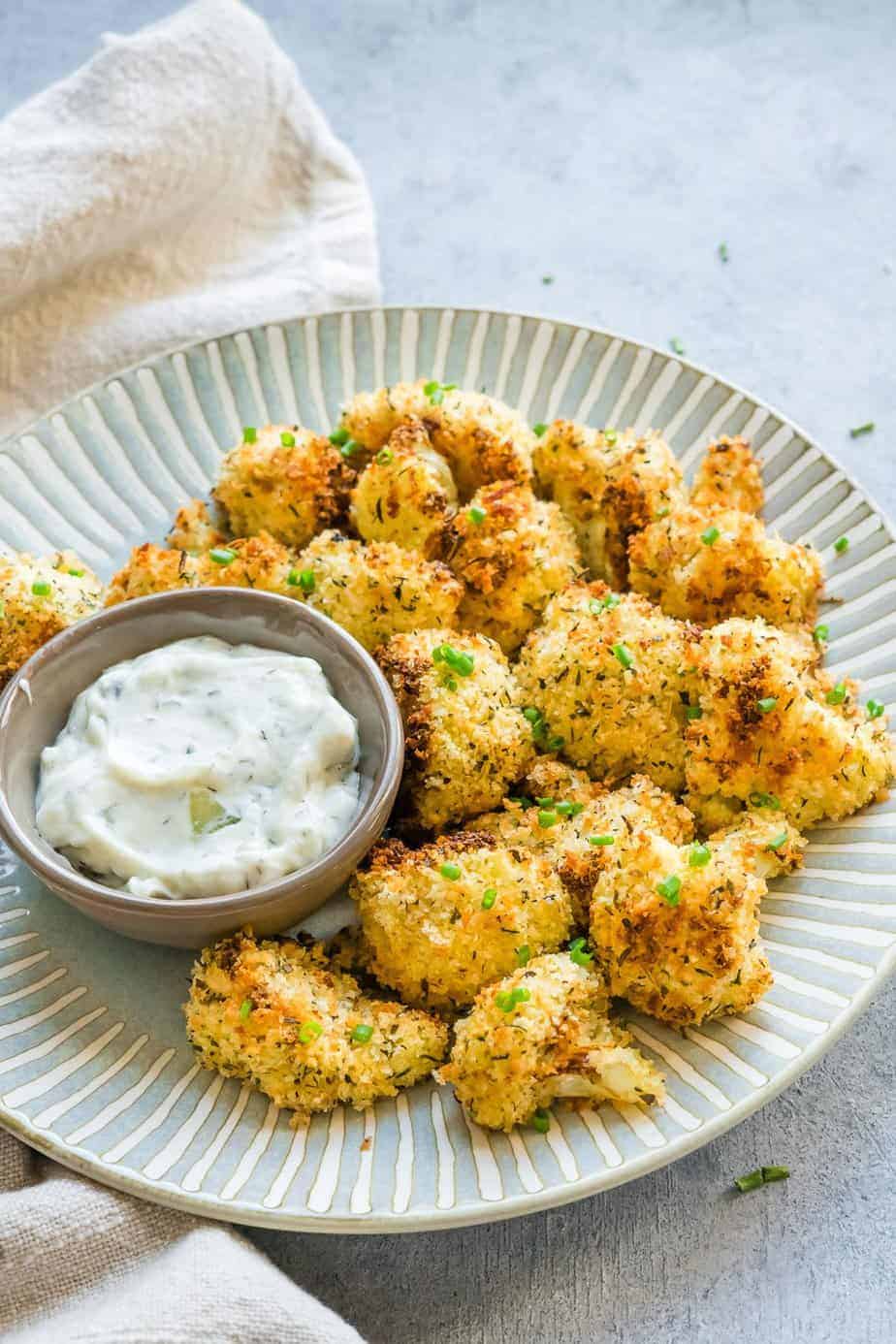air fryer cauliflower wings with parmesan cheese and panko.