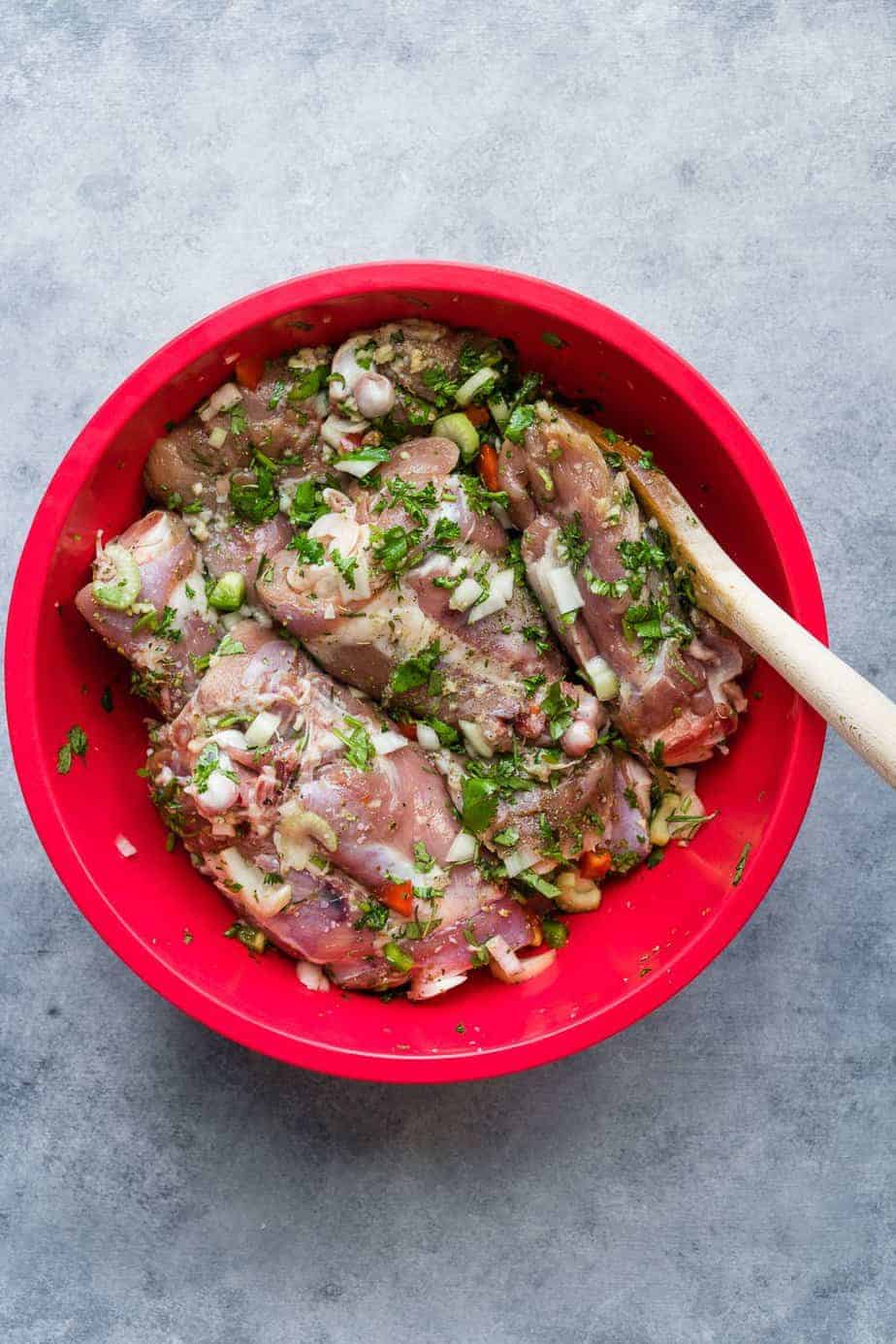 Stir the turkey thighs with the ingredients until combined
