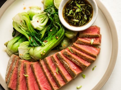 Air fryer tuna steaks, serve with lime dipping sauce and saute bockchoy.