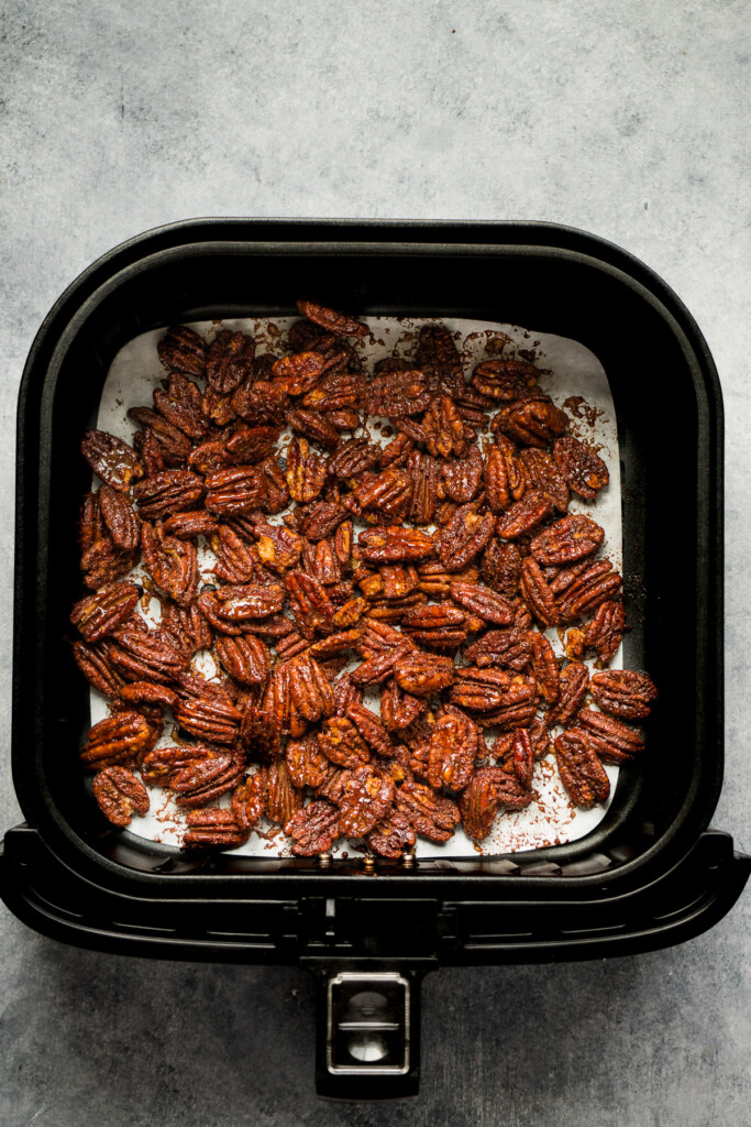 after air frying the pecans inside the air fryer basket.