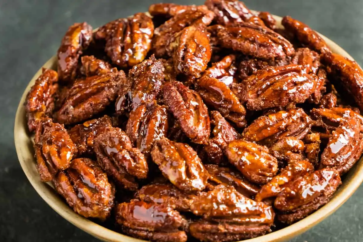 air fryer candied pecans. serve in a bowl.