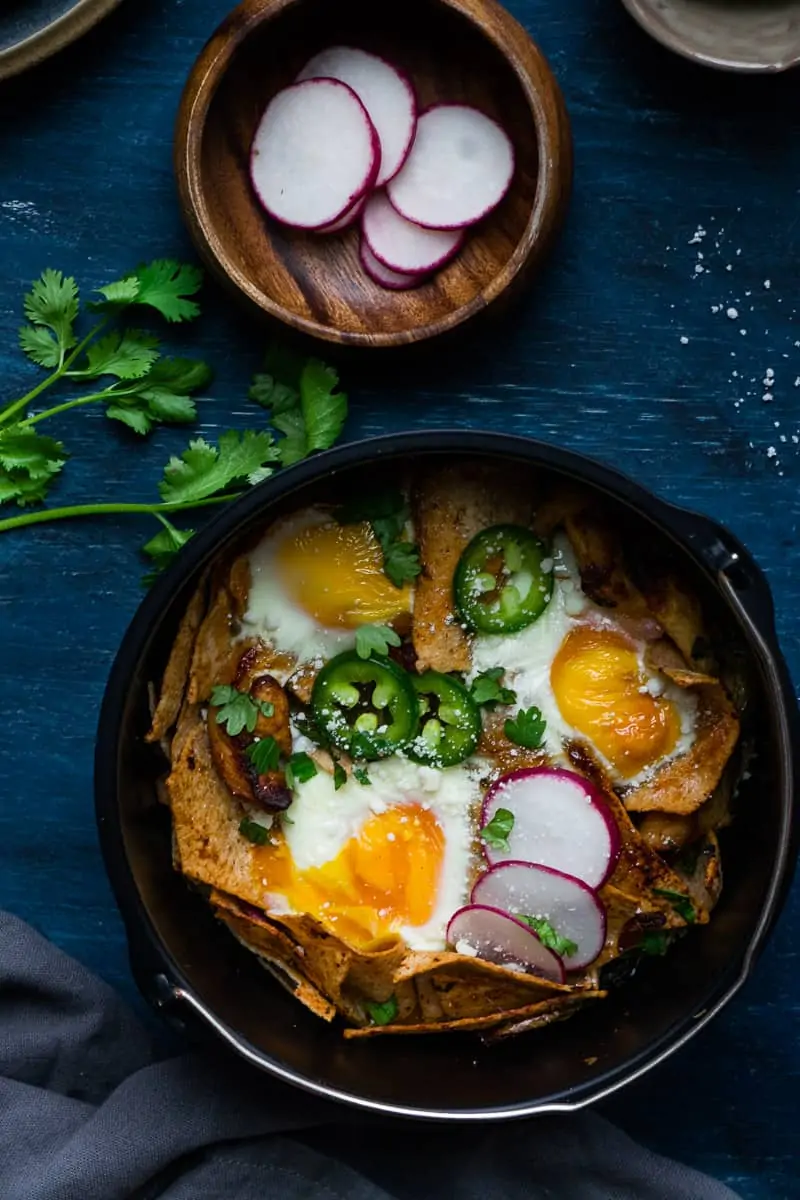 crispy chilaquiles with eggs and fresh cilantro made using the air fryer.
