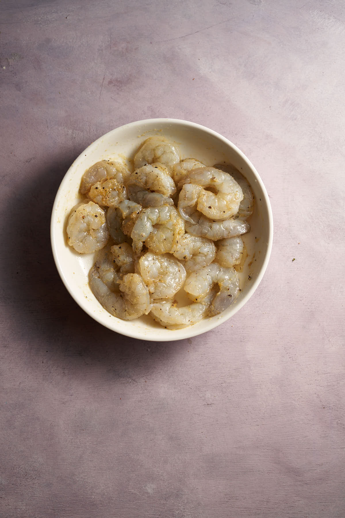 Raw shrimp tossed with olive oil and simple seasonings.