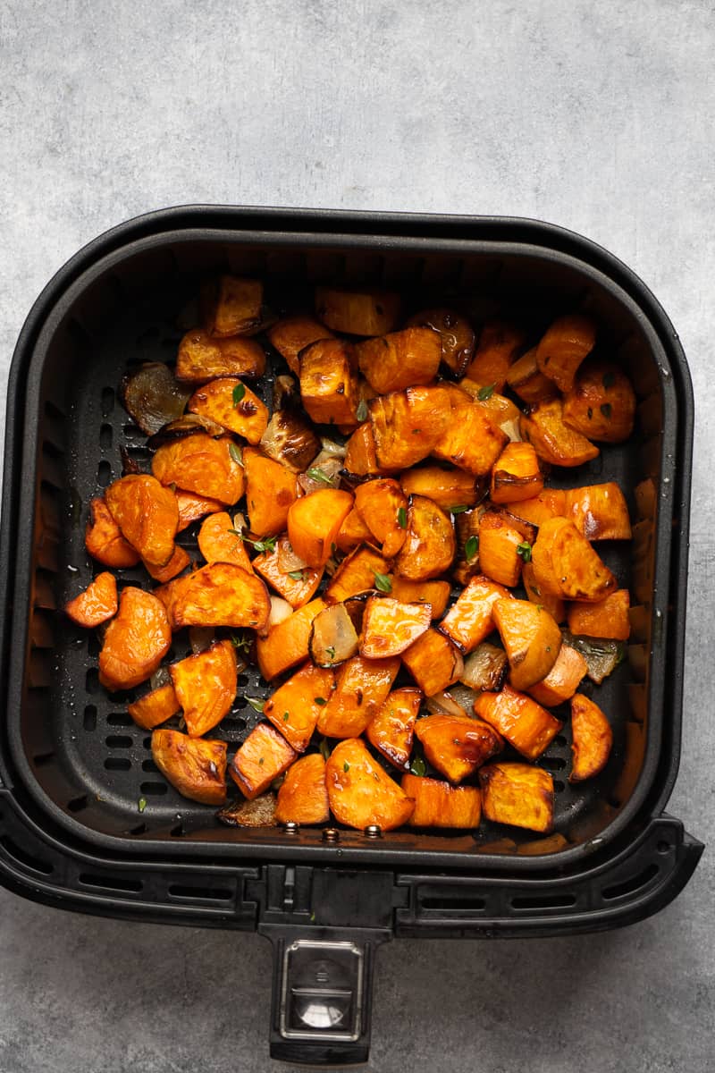 After cooking the sweet potatoes cubes inside the air fryer.
