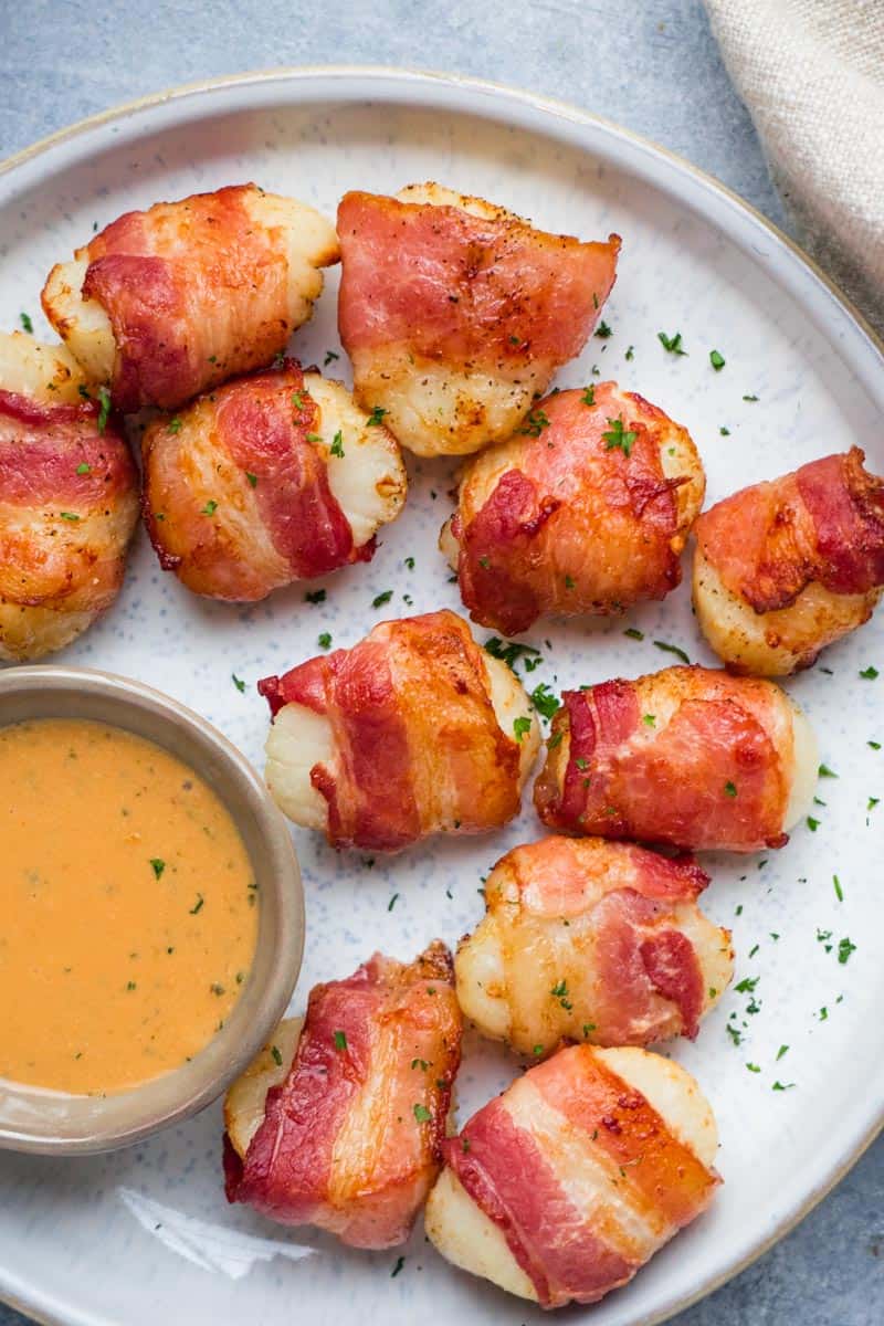Bacon Wrapped Scallops Air fryer. serve with dipping sauce.