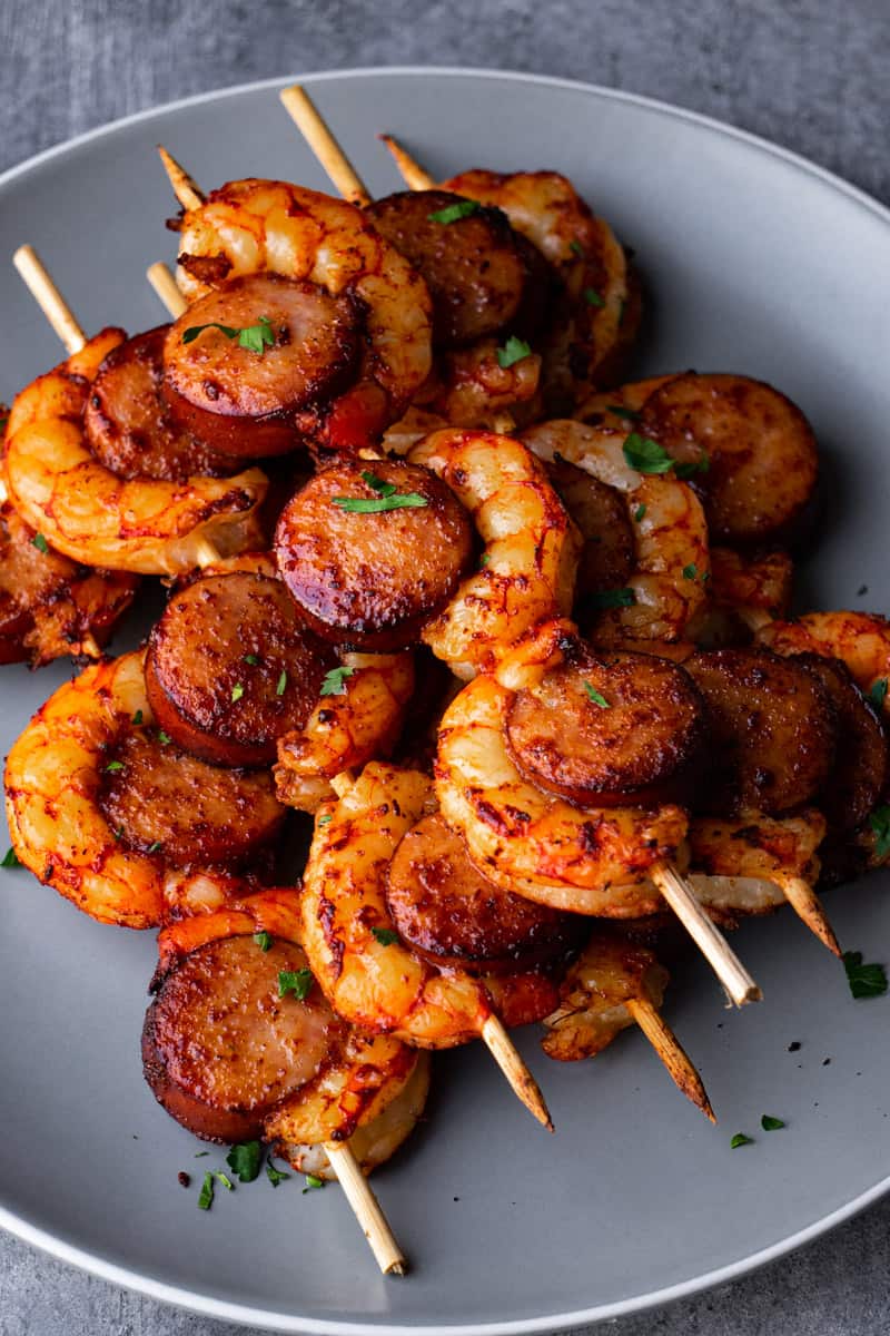Sausage and shrimp kabobs air fryer sprinkle with chopped fresh parsley.