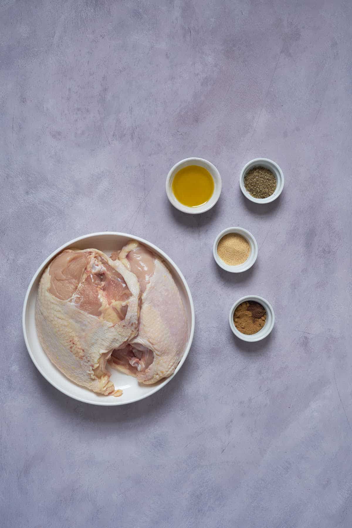 Ingredients to make split chicken breasts.