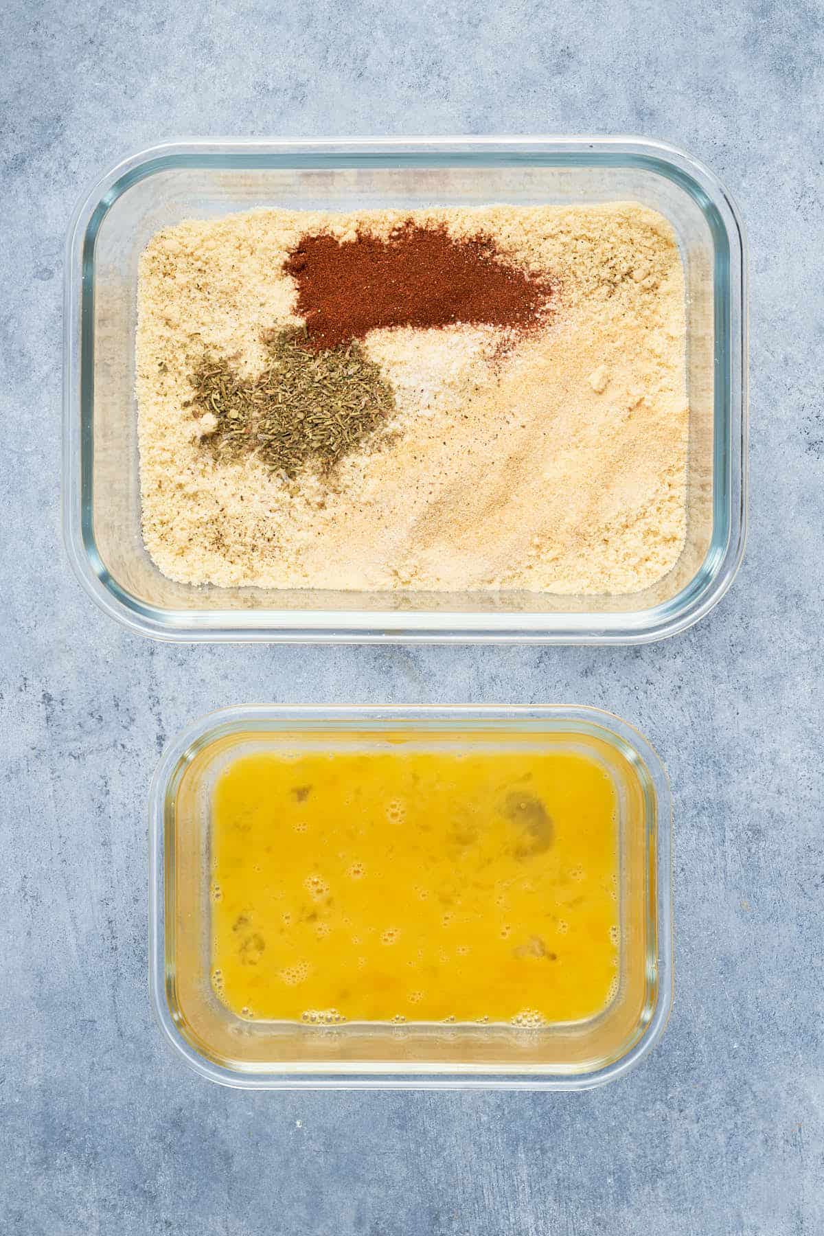 In one bowl, combine the spices and flour to coat the chicken. The other bowl with lightly beaten egg.