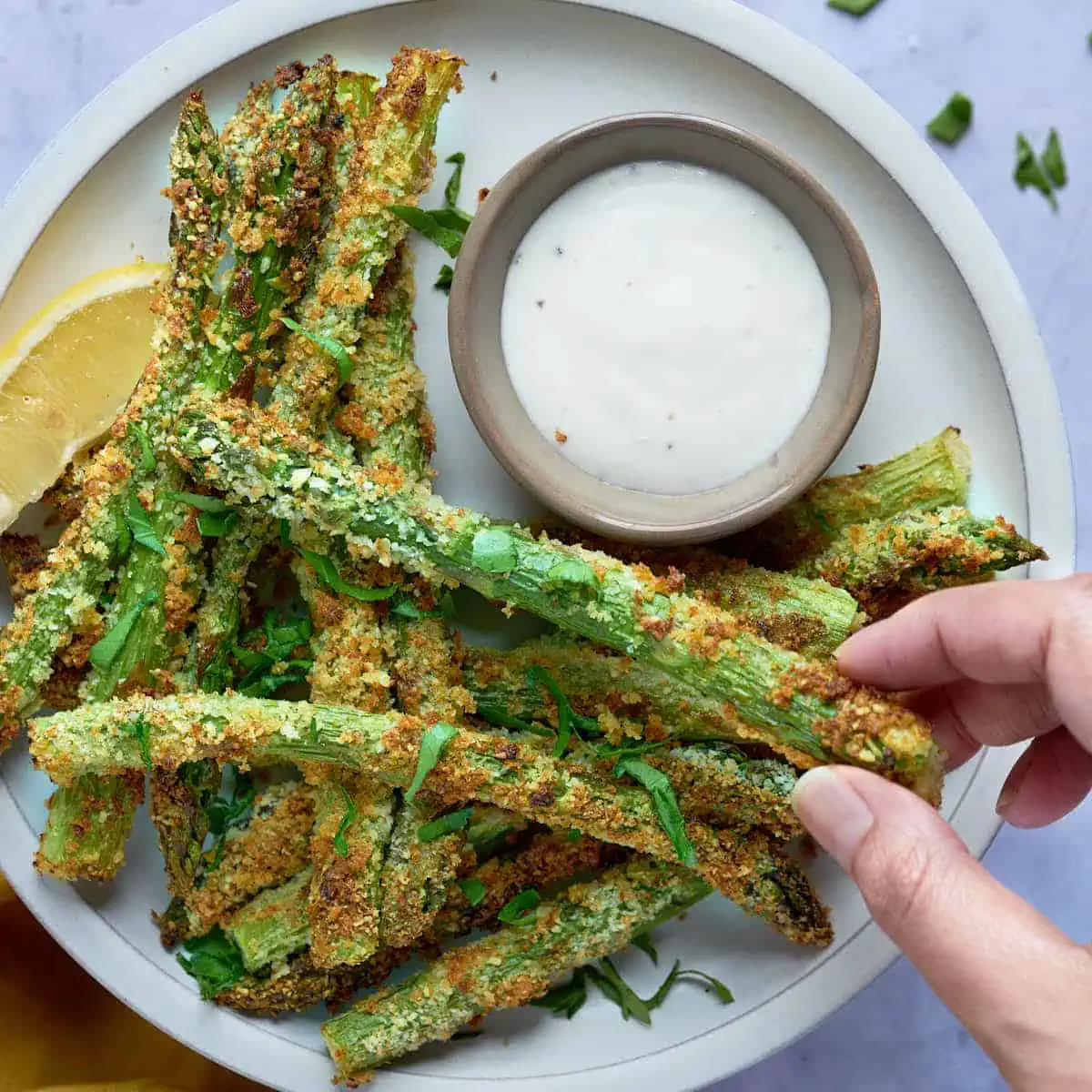 Asparagus fries made in the air fryer and served with dipping sauce, and garnished with herbs.