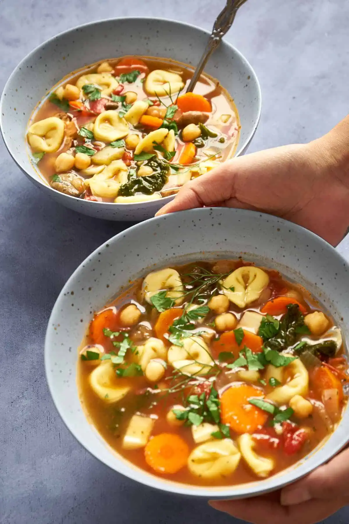 Instant pot vegetable tortellini soup served in two bowls.