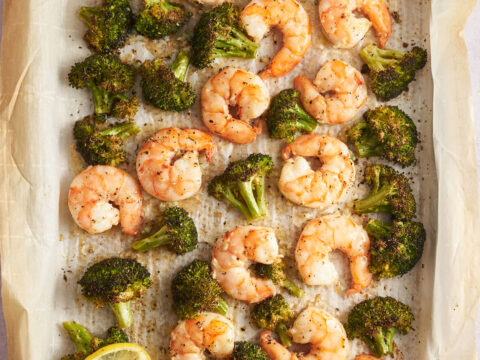 Lemon Garlic shrimp sheet pan dinner.