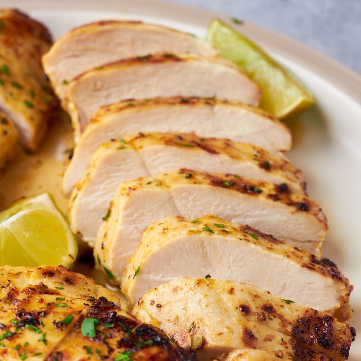 juicy sliced chicken breast perfectly done.