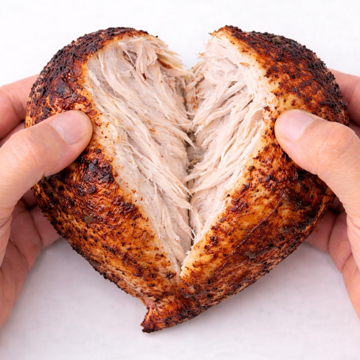 tough rubbery air fryer chicken breast pulled apart showing dry texture