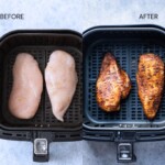 raw and cooked chicken breast side by side showing shrinkage after air frying.