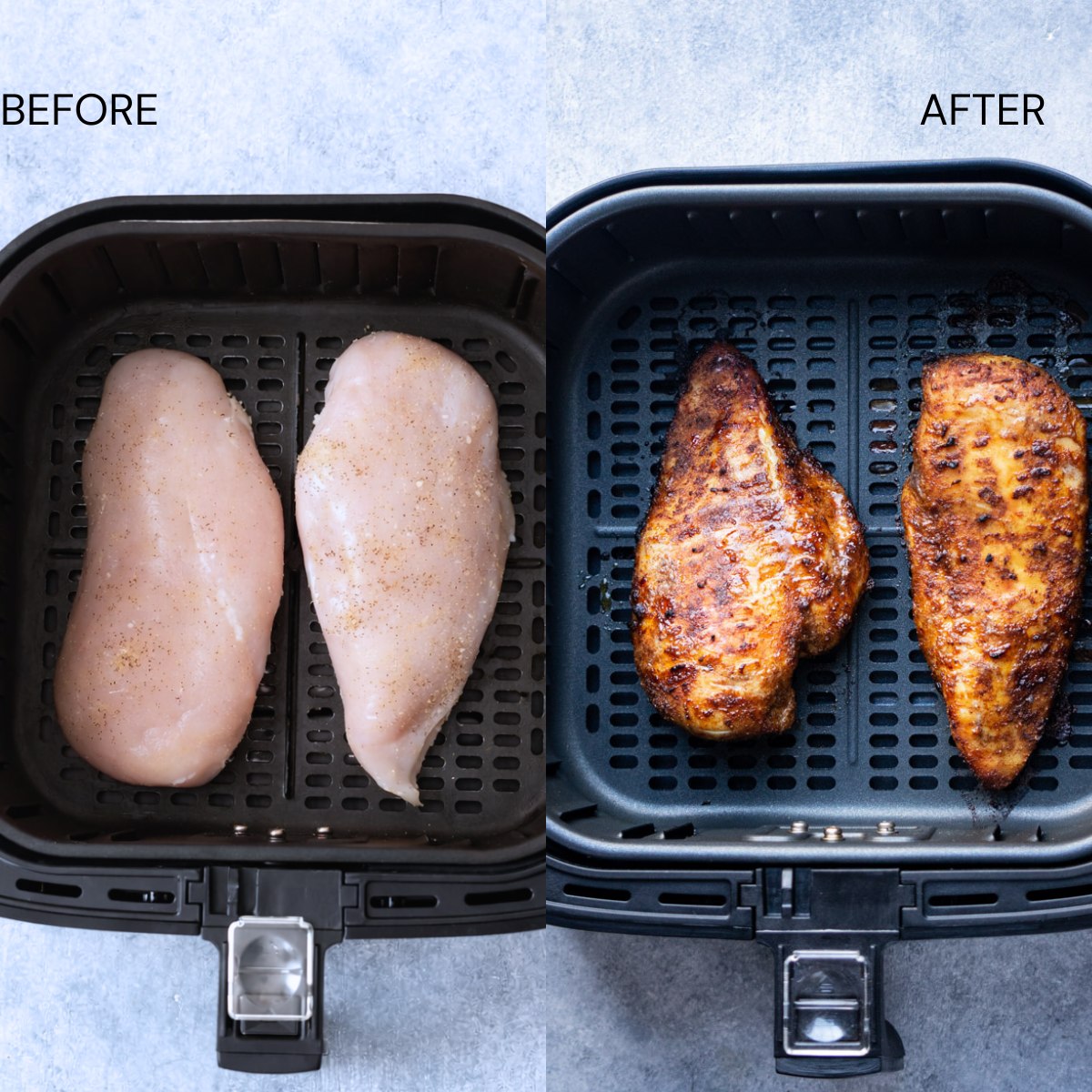 raw and cooked chicken breast side by side showing shrinkage after air frying.