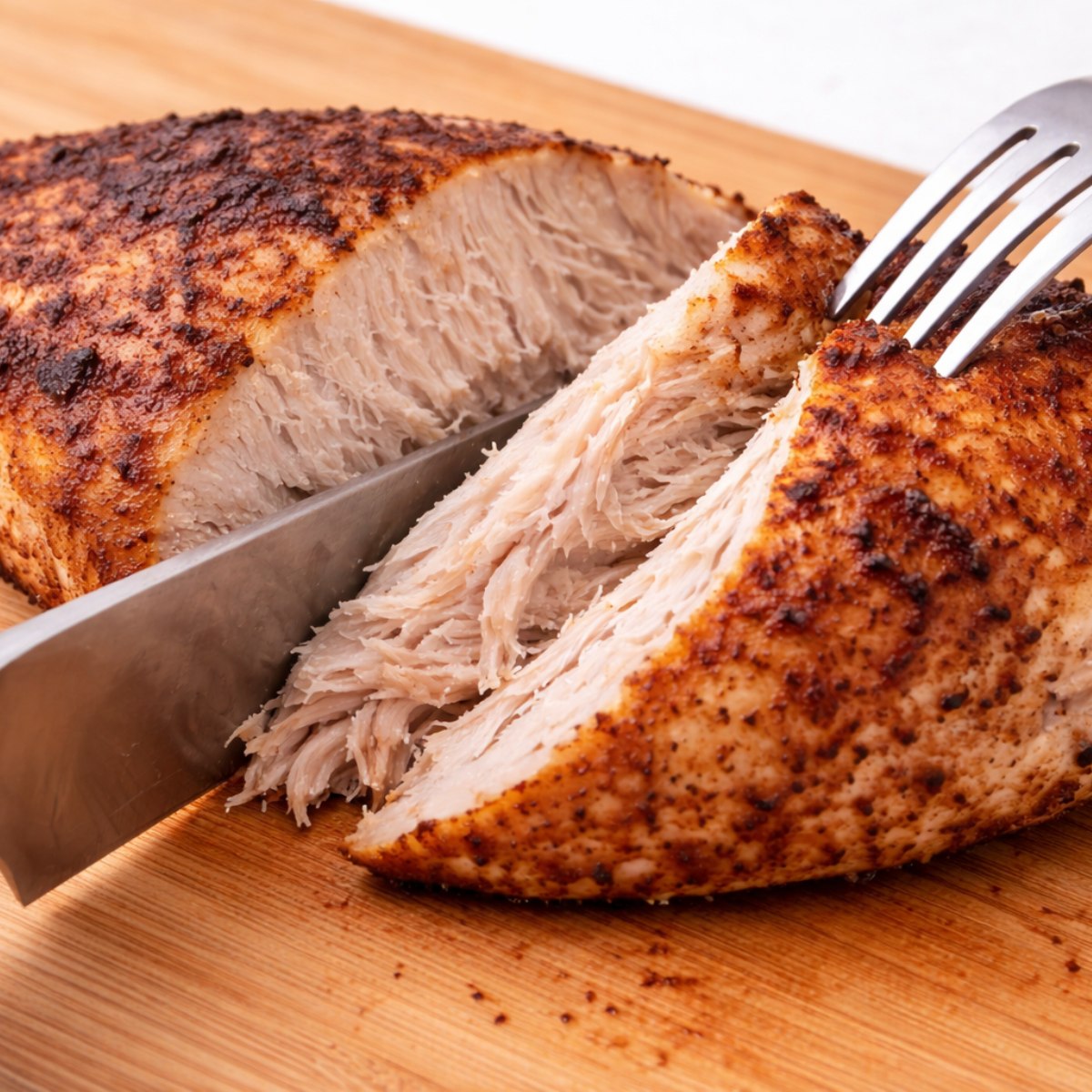 overcooked chicken breast sliced showing dry fibrous texture inside