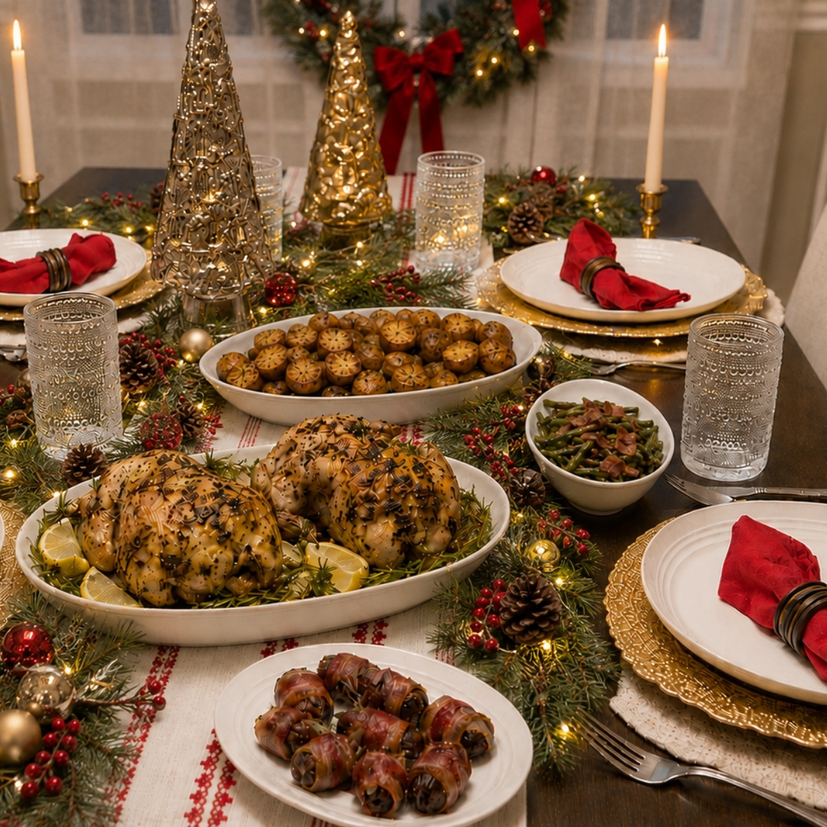 christmas dinner for 2-4 people on a table with chrismas decoration around the table and the room.