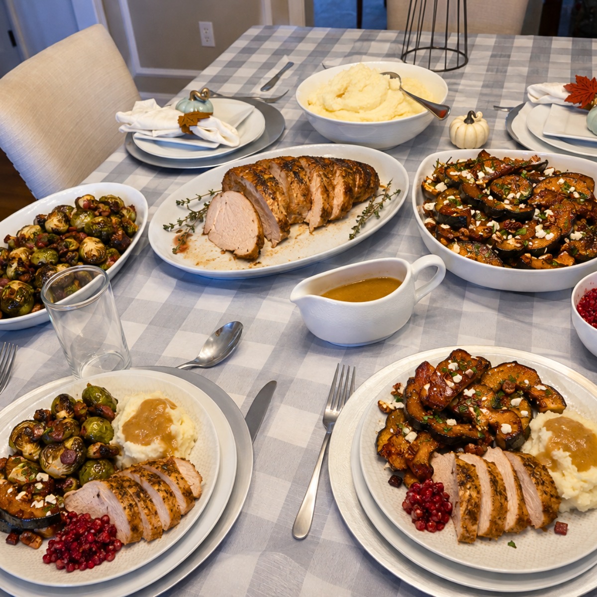small thanksgiving dinner table setting with turkey, sides and sauces.