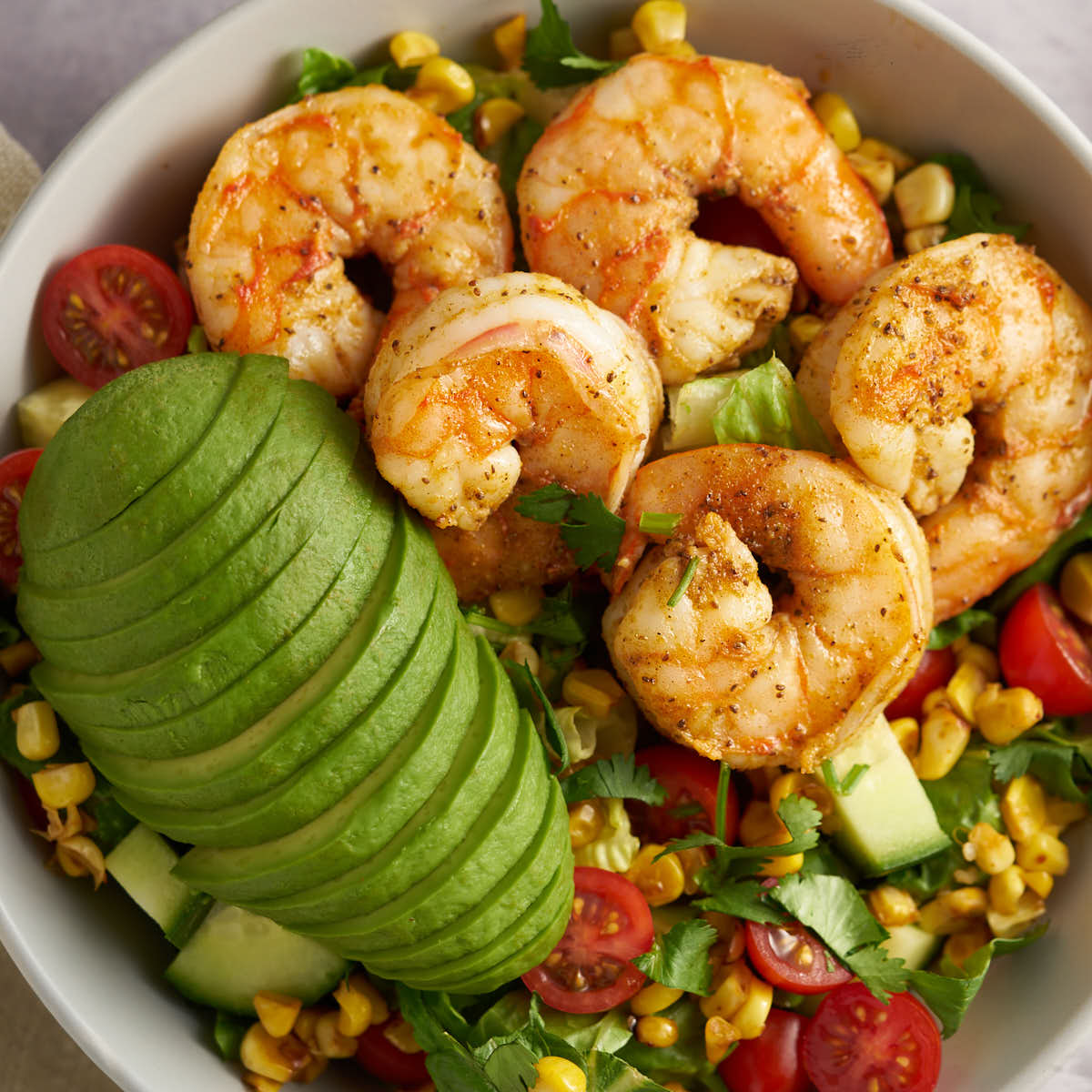 old bay shrimp salad with avocado in a bowl,