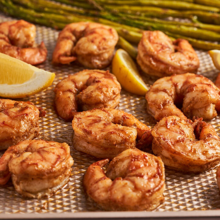Cajun shrimp sheet pan dinner with asparagus.