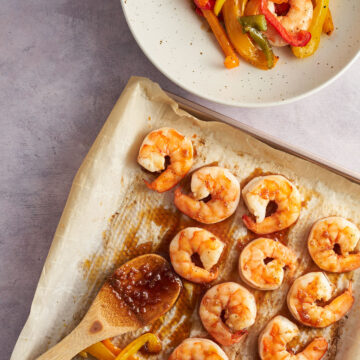 honey garlic shrimp sheet pan dinner.