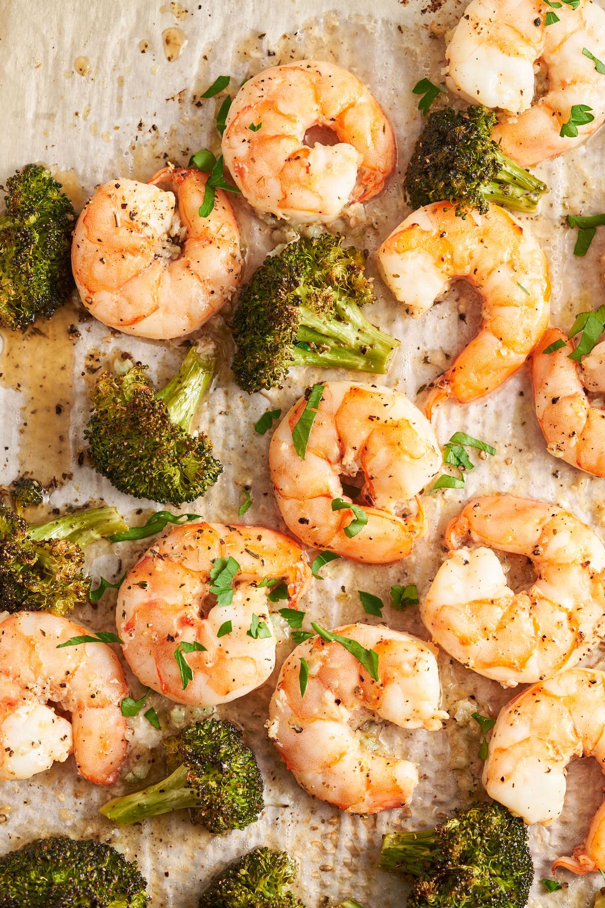 Close-up of lemon garlic shrimp and roasted broccoli topped with chopped parsley on a sheet pan.
